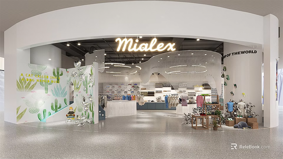 Mialex Clothing Store Bright Interior Space With Green Plant Wall Plant Ornaments And Clothing 3d model 