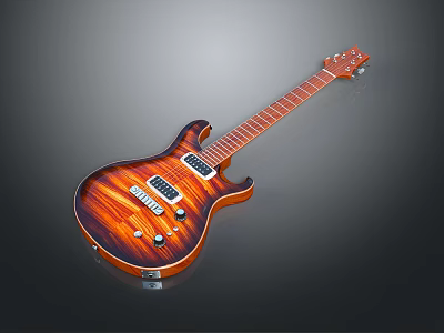 High Quality Electric Guitar With Sunburst Wooden Texture Detailed Close Up View 3d model