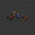 Three Colorful Robot Characters Featuring Mechanical Weapons And Animal Inspired Features In Red Blue Brown