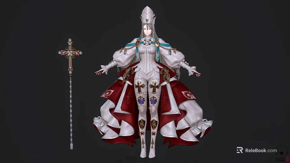 Game Movie Character In White Red Armored Costume With Cross Staff And Crown 3d model 