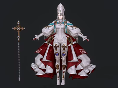 Game Movie Character In White Red Armored Costume With Cross Staff And Crown 3d model