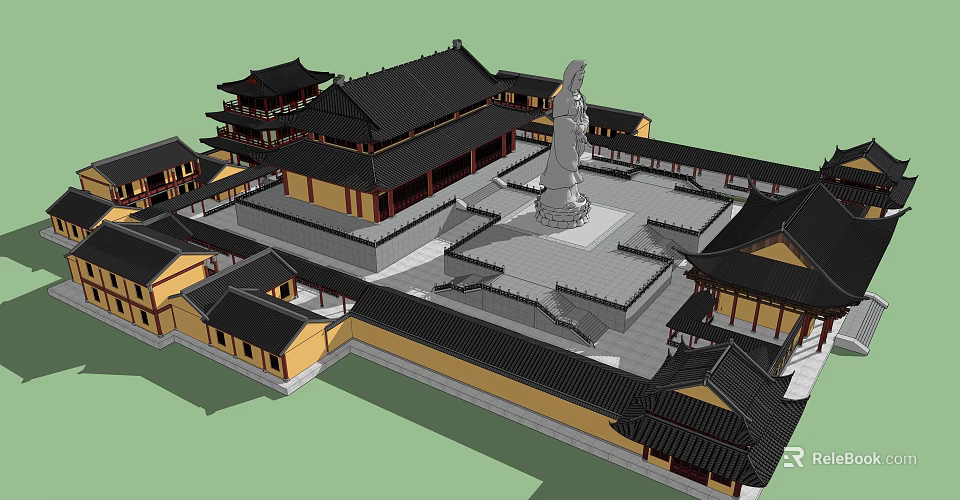 Ancient Chinese Architecture With Traditional Roof Yellow Walls Central Statue And Courtyard 3d model 