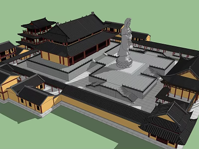 Ancient Chinese Architecture With Traditional Roof Yellow Walls Central Statue And Courtyard 3d model