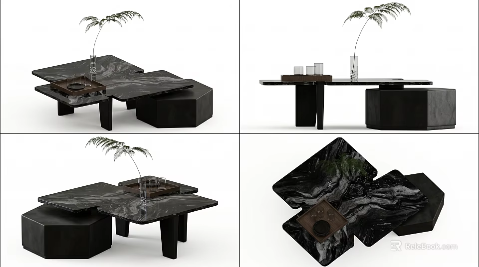 Modern Black Marble Coffee Table With Unique Pattern Green Plant Vase And Black Stools 3d model 