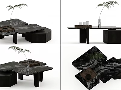 Modern Black Marble Coffee Table With Unique Pattern Green Plant Vase And Black Stools 3d model