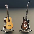 Acoustic And Electric Guitars Displayed On Metal Stands In Studio