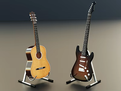 Acoustic And Electric Guitars Displayed On Metal Stands In Studio 3d model