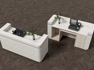 White Curved Bar Counter with Drawers Computer and Small Potted Plant on Dark Herringbone Floor 3d model