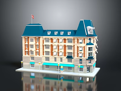 Lego Model Building With Blue Roof Beige Facade Flag Multi Story Windows Awnings Street Lamps 3d model
