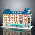 Lego Model Building With Blue Roof Beige Facade Flag Multi Story Windows Awnings Street Lamps