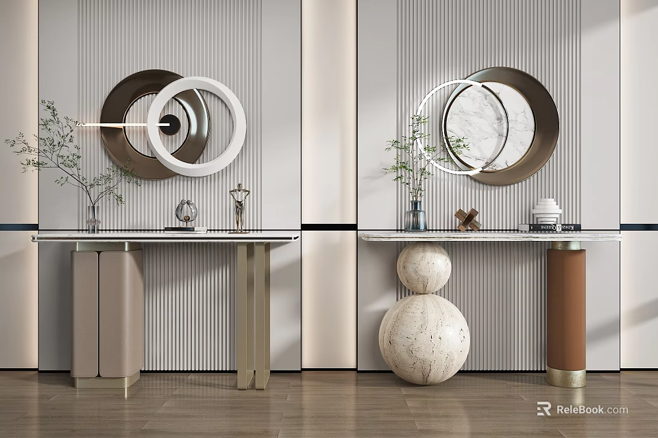 Modern Console Table Design With Circular Mirror Marble Decor And Potted Plants 3d model
