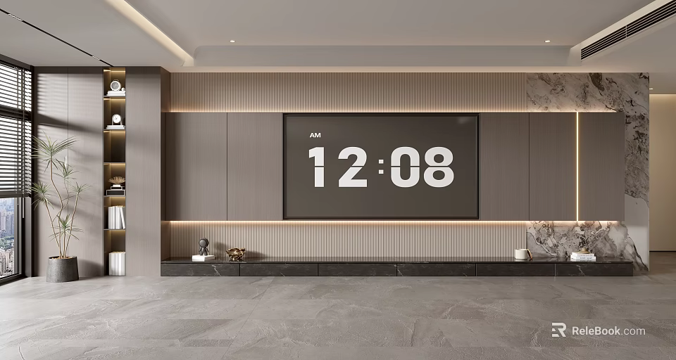 Modern TV Wall Design With Wooden Panels LED Lighting And Decorative Accents 3d model 