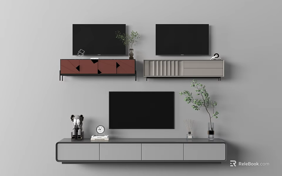 Modern TV Stands With Contemporary Design Mounted TVs Decorative Plants And Clocks 3d model 