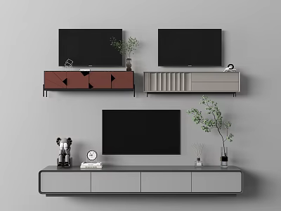 Modern TV Stands With Contemporary Design Mounted TVs Decorative Plants And Clocks 3d model
