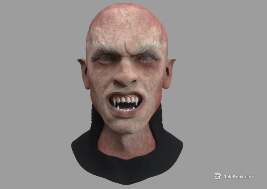 Man With Bald Head Reddened Wrinkled Skin White Eyes Open Mouth Sharp Teeth And Black Neck 3d model 