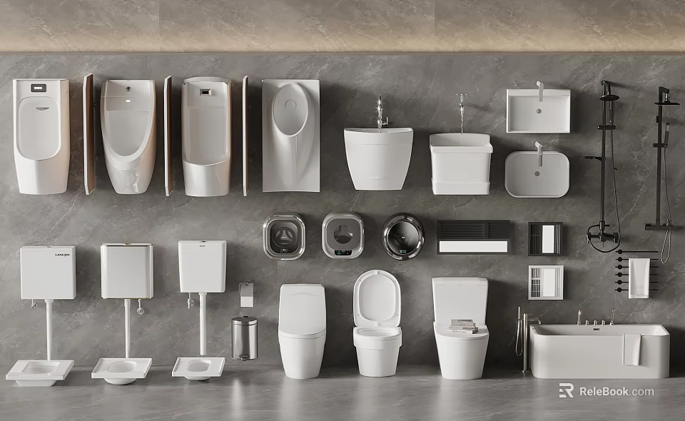 Modern Bathroom Fixtures Display Featuring White Toilets Sinks Urinals And Bathtub On Gray Wall 3d model 