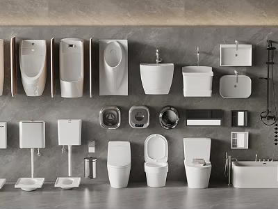 Modern Bathroom Fixtures Display Featuring White Toilets Sinks Urinals And Bathtub On Gray Wall 3d model