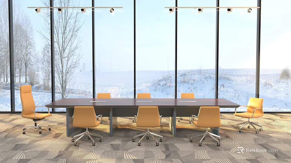 Modern Conference Table With Yellow Rolling Office Chairs And Large Windows Overlooking Snowy Landscape 3d model 