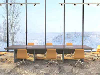 Modern Conference Table With Yellow Rolling Office Chairs And Large Windows Overlooking Snowy Landscape 3d model