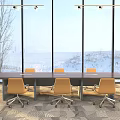 Modern Conference Table With Yellow Rolling Office Chairs And Large Windows Overlooking Snowy Landscape