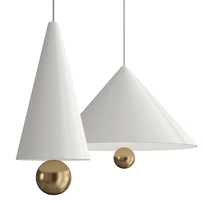 Two White Conical Pendant Lights Each With Golden Spheres Below 3d model