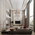 Modern Duplex Living Room Interior With Round Chandelier Dining Table Large Windows And Marble Floor
