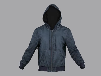 Dark Blue Hooded Jacket With Front Zipper Long Sleeves And Pockets 3d model
