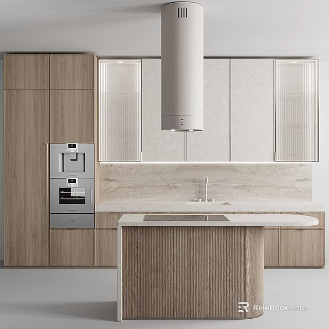 Modern Kitchen Interior With Wooden Cabinets Central Island Stone Countertop And Stainless Steel Range Hood 3d model 