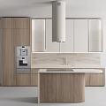 Modern Kitchen Interior With Wooden Cabinets Central Island Stone Countertop And Stainless Steel Range Hood