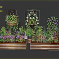 Beautiful Garden Decorative Pieces With Hanging Flower Baskets Colorful Blooms And Wooden Planters