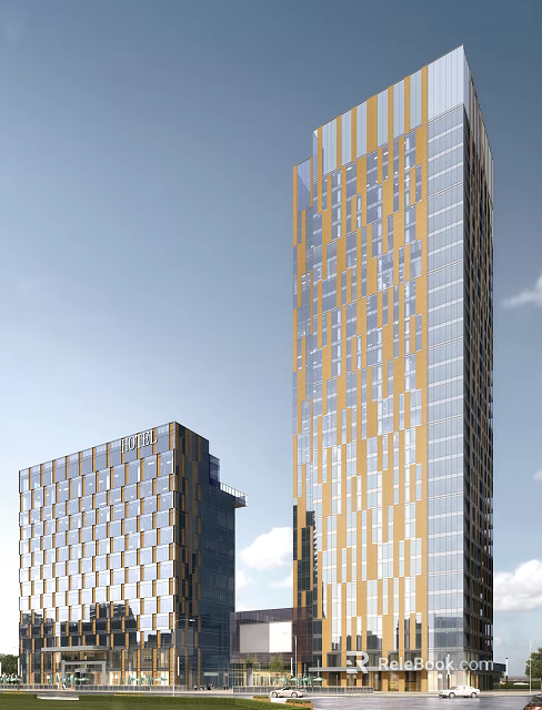 Modern High Rise Hotel Building Featuring Glass Curtain Wall And Golden Facade Against Blue Sky 3d model 