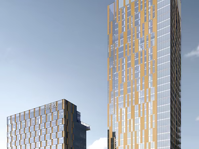 Modern High Rise Hotel Building Featuring Glass Curtain Wall And Golden Facade Against Blue Sky 3d model