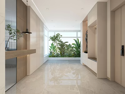 Modern Entryway Design With Smooth Marble Flooring Green Plants Storage Cabinets And Recessed Lighting 3d model