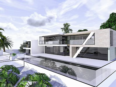 Modern Detached Villa With Glass Facade Balconies Swimming Pool And Lush Green Plants 3d model