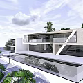 Modern Detached Villa With Glass Facade Balconies Swimming Pool And Lush Green Plants