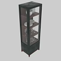 Modern Storage Cabinet with Glass Door Wooden Shelves Holding White Bowls Plates and Wine Glasses