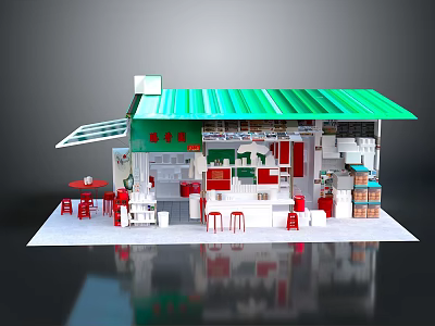 Small Shop Model Interior With Green Roof Red Tables Chairs Counter And Shelves 3d model