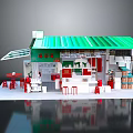 Small Shop Model Interior With Green Roof Red Tables Chairs Counter And Shelves