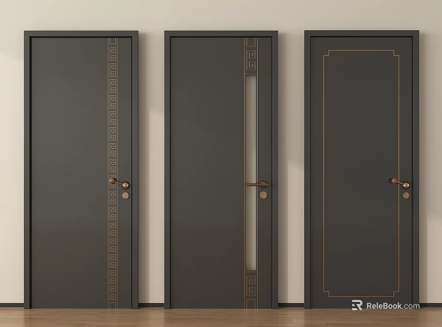 Modern Dark Gray Swing Doors With Golden Decorative Patterns And Smooth Surface 3d model
