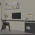 Modern Home Office Desk With Computer Monitor Table Lamp Potted Plant Chair And Wall Shelves