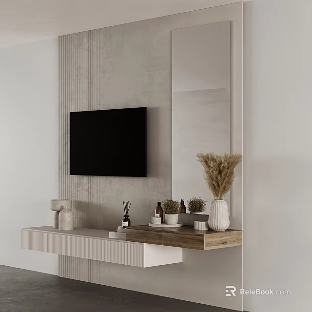 Modern Bedroom Accent Wall Light Gray Vertical Texture With Black TV Wall Mounted Cabinet Decorations 3d model 