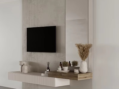 Modern Bedroom Accent Wall Light Gray Vertical Texture With Black TV Wall Mounted Cabinet Decorations 3d model
