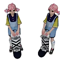 Cute Pink Haired Girls In Blue Overalls Holding Skateboards With Black White Patterns