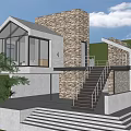 Modern Detached Villa With Stone Facade Large Windows And Staircase Surrounded by Trees
