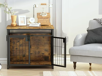 Vintage Wooden Storage Cabinet With Metal Frame Grid Doors And Decorative Items Near Gray Sofa 3d model