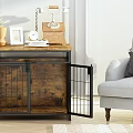 Vintage Wooden Storage Cabinet With Metal Frame Grid Doors And Decorative Items Near Gray Sofa