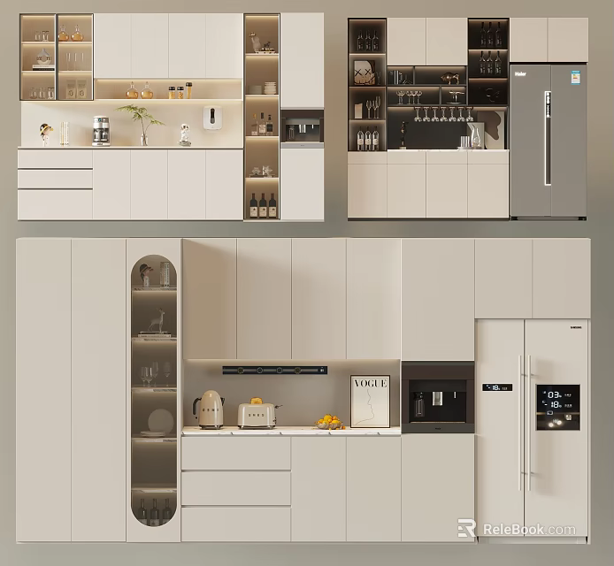 Modern Kitchen Interior With Built in Wine Cabinet Glass Shelves And White Appliances 3d model 