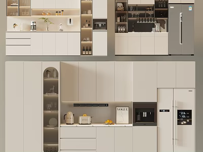 Modern Kitchen Interior With Built in Wine Cabinet Glass Shelves And White Appliances 3d model