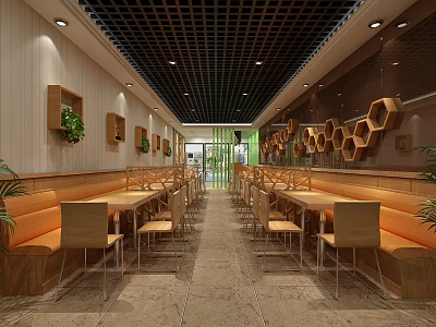 Modern Restaurant Interior With Long Tables Booth Seats Honeycomb Shelves Green Plants And Ceiling Lighting 3d model