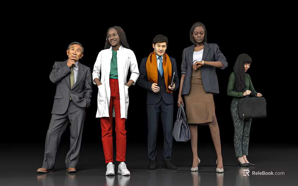 Diverse Group of People Standing in Different Professional Attires Against Black Background 3d model 